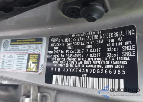 2013 Kia Sorento Lx из США, поврежденный, VIN 5XYKT4A69DG366985